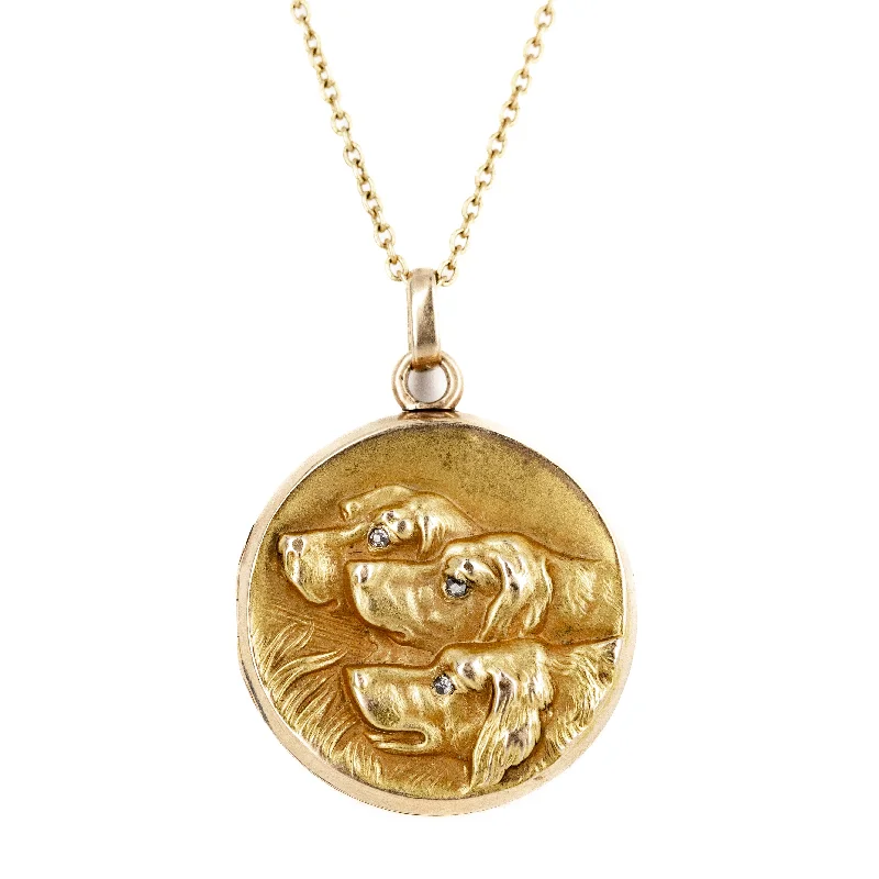 Antique Victorian 10K Yellow Gold Diamond Dog Trio Locket Necklace