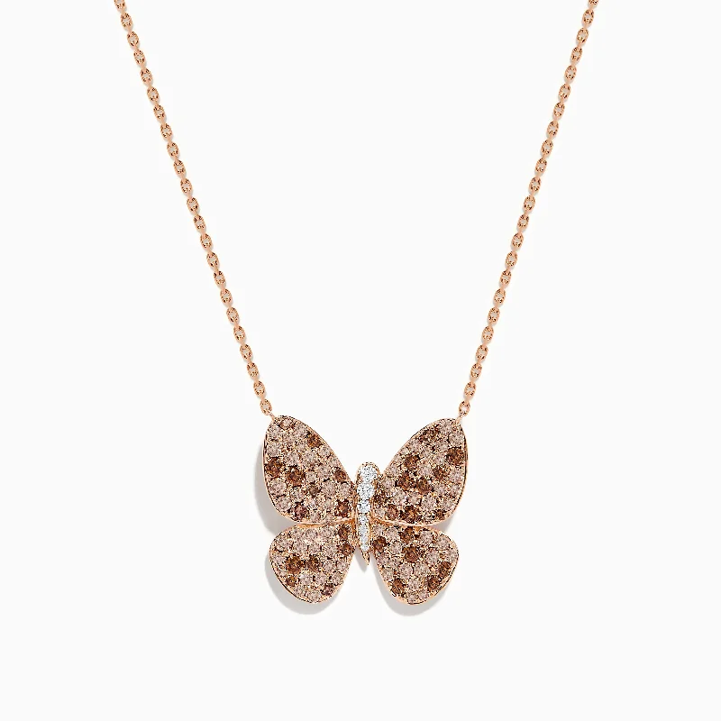 14K Rose Gold Brown and White Diamond Butterfly Necklace