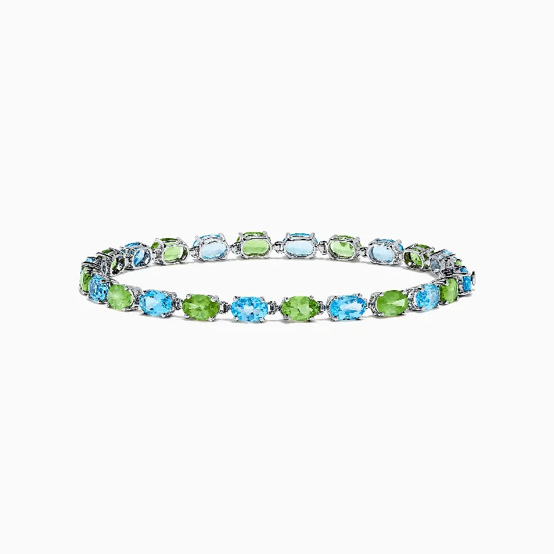 14K White Gold Blue Topaz and Peridot Tennis Bracelet, 13.80 TCW