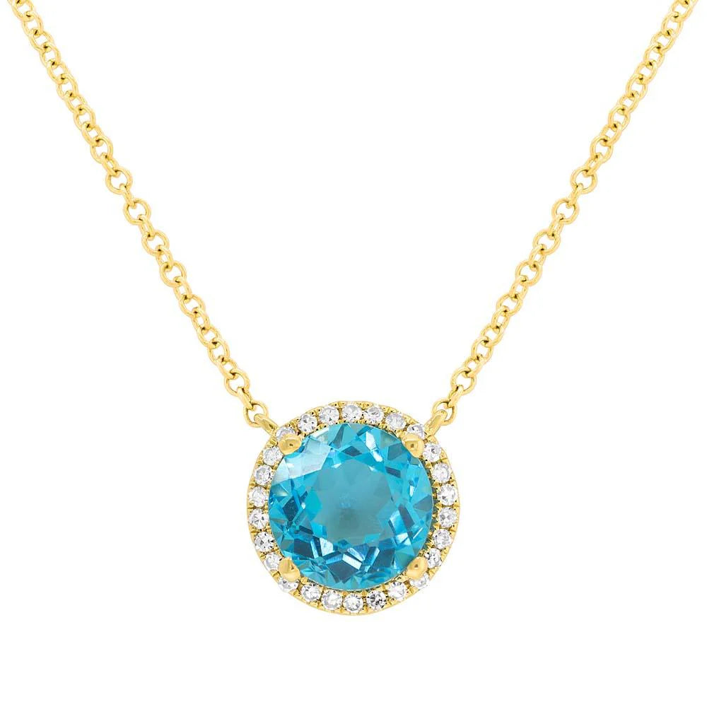 14K Yellow Gold 1.80 Carat Blue Topaz Diamond Halo Necklace