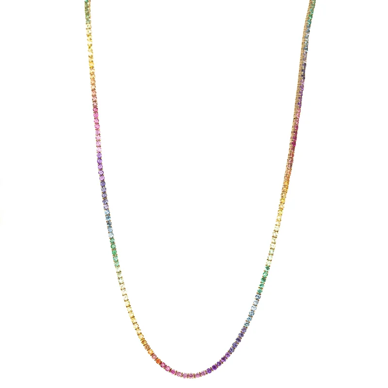 14K Yellow Gold 7.19 Carat Round Multi-Color Gemstone Tennis Necklace