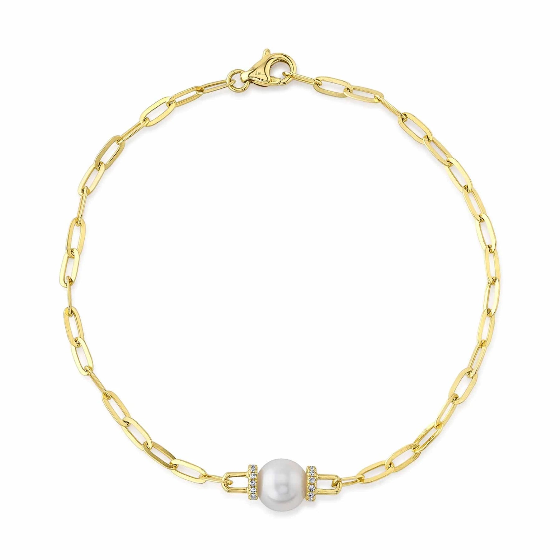 14K Yellow Gold Cultured Pearl & Diamond Paperclip Link Bracelet