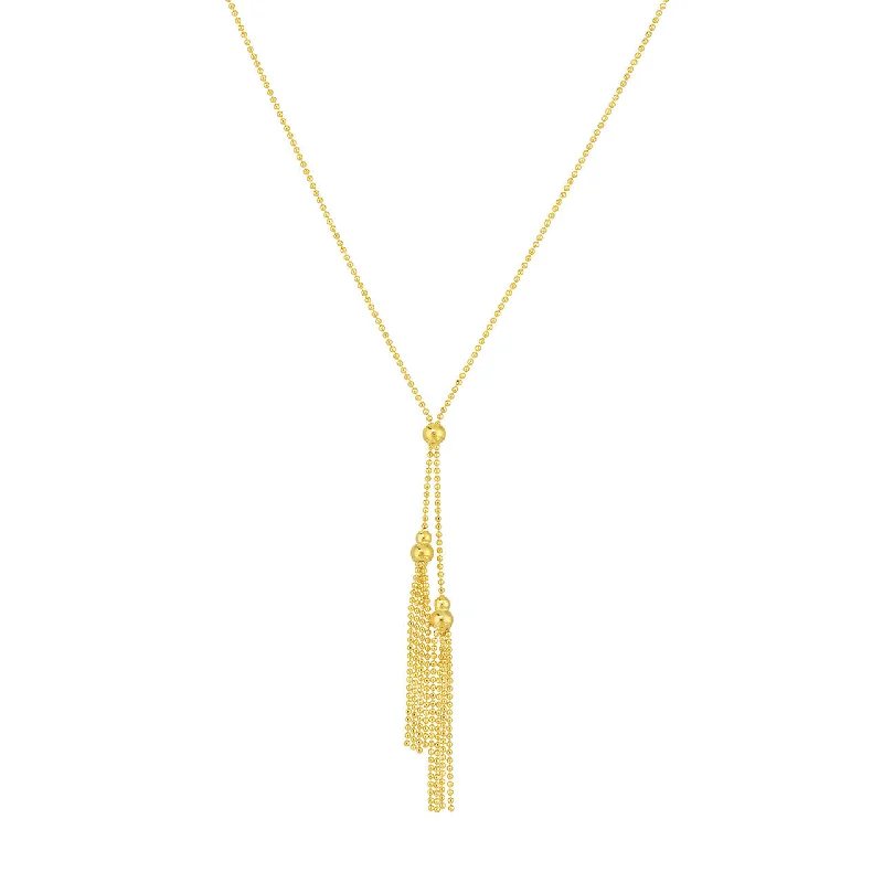 14K Yellow Gold Double Bead and Tassel Lariat Necklace