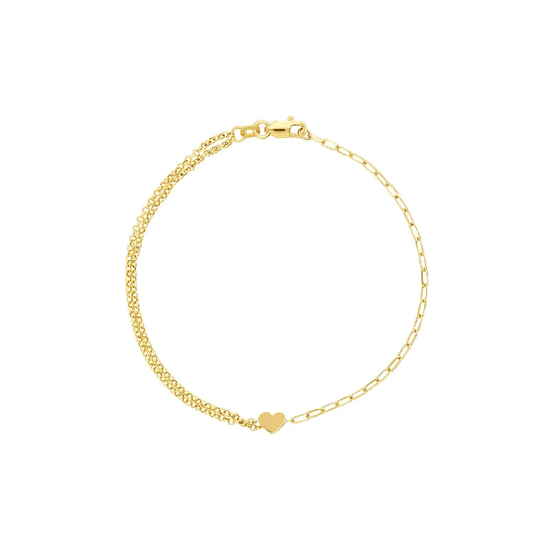 14K Yellow Gold 50/50 Paperclip & Double Rolo Heart Bracelet