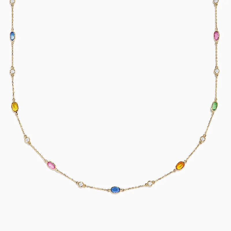 14K Yellow Gold Multi Sapphire and Diamond Station Necklace