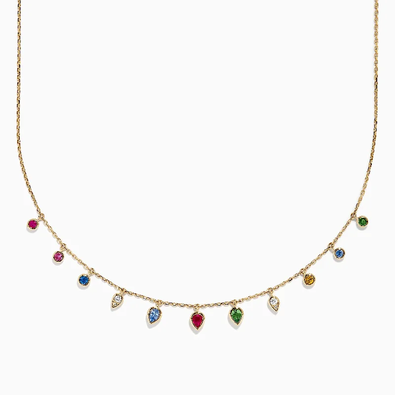 14K Yellow Gold Multi Sapphire Diamond Rain Drop Station Necklace