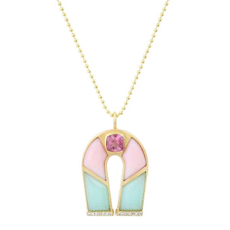 14K Yellow Gold Pink Tourmaline, Pink Opal and Chrysoprase Horseshoe Necklace