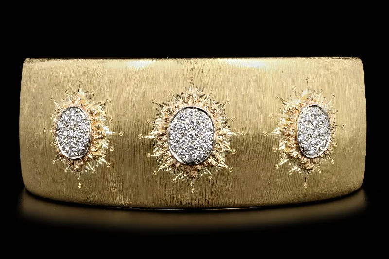 18K Yellow Gold 0.50 Carat Total Weight Diamond Pave Florentine Finish Cuff Bracelet