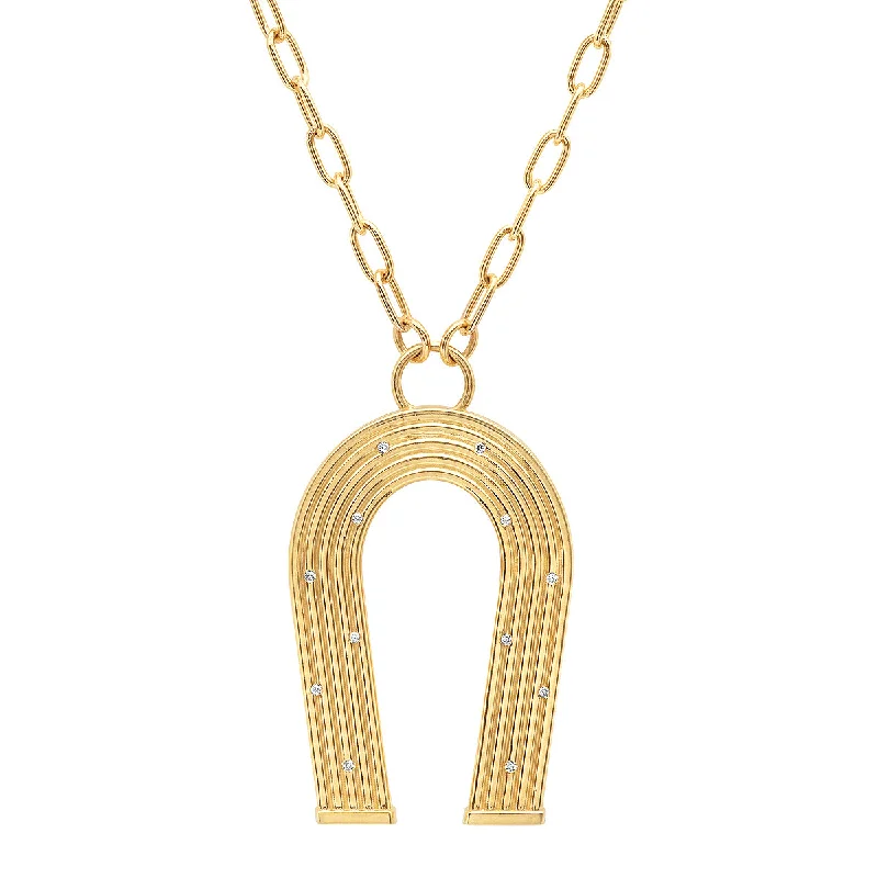 14K Yellow Gold and Diamond Reeded Horseshoe Necklace