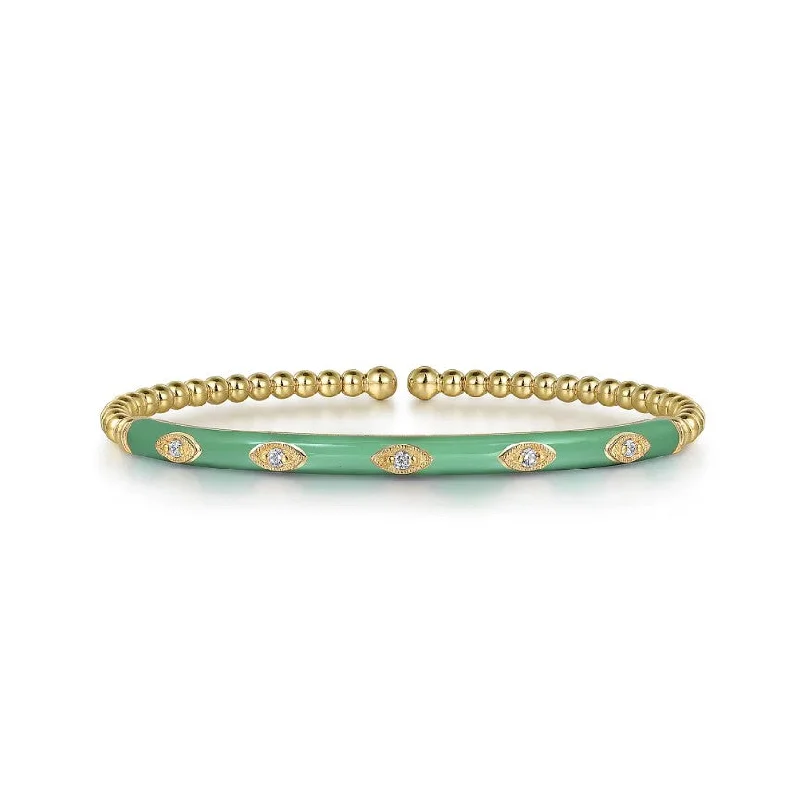 Beaded Gold Diamond Bangle With Green Enamel - Gabriel & Co.