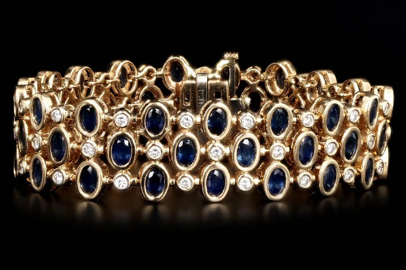 14K Yellow Gold Oval Natural Sapphire & Round Diamond Bracelet