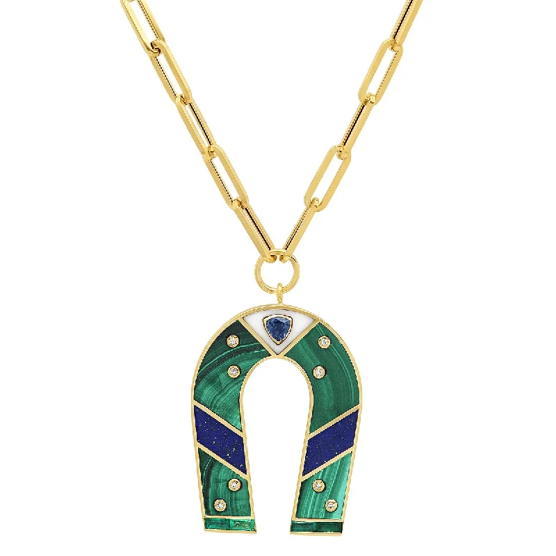 14K Yellow Gold Malachite and Lapis Inlay Horseshoe Necklace