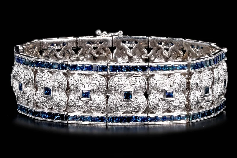 18K White Gold 14.5 Carat Total Weight Natural Sapphire & Diamond Clover Link Bracelet