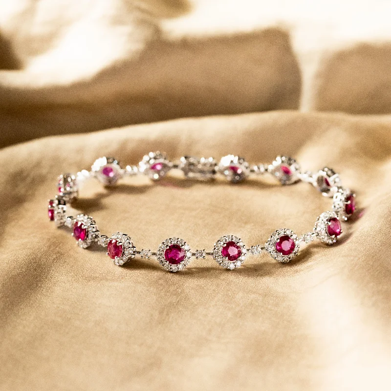 18K White Gold Natural Ruby Diamond Halo Bracelet