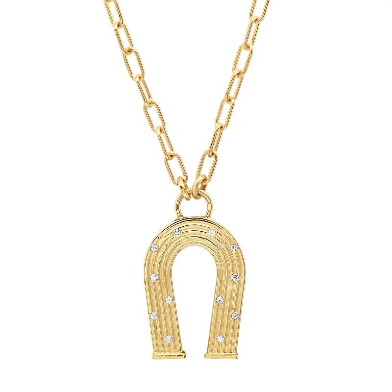 14K Yellow Gold Mini Reeded Diamond Horseshoe Necklace