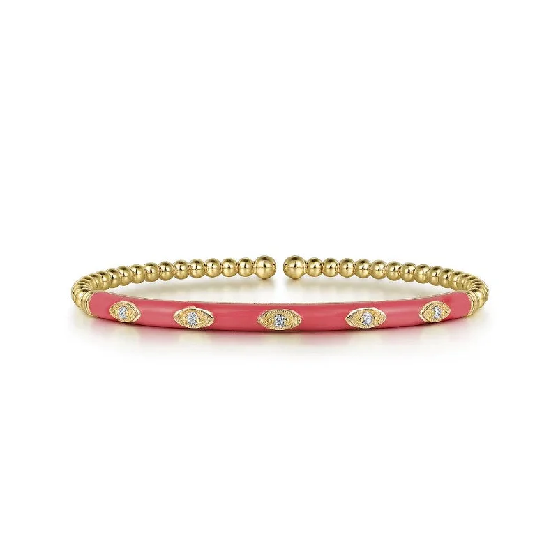 Beaded Gold Diamond Bangle With Pink Enamel - Gabriel & Co.