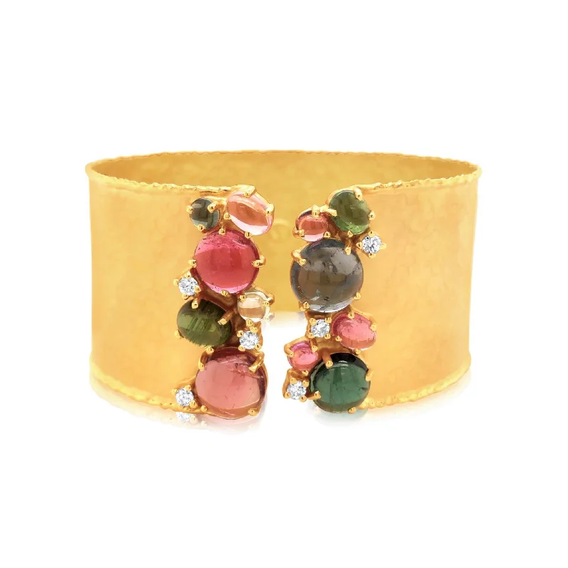 Hammered Gold Multi-Colored Tourmaline Wide Cuff Bangle - Marika