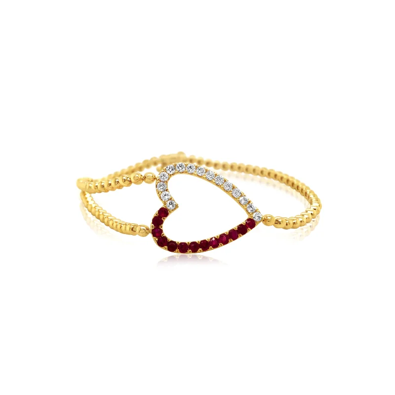 Diamond and Ruby Beaded Gold Heart Bracelet