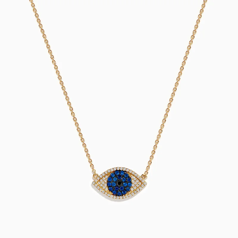 14K Yellow Gold Blue Sapphire and Diamond Evil Eye Necklace