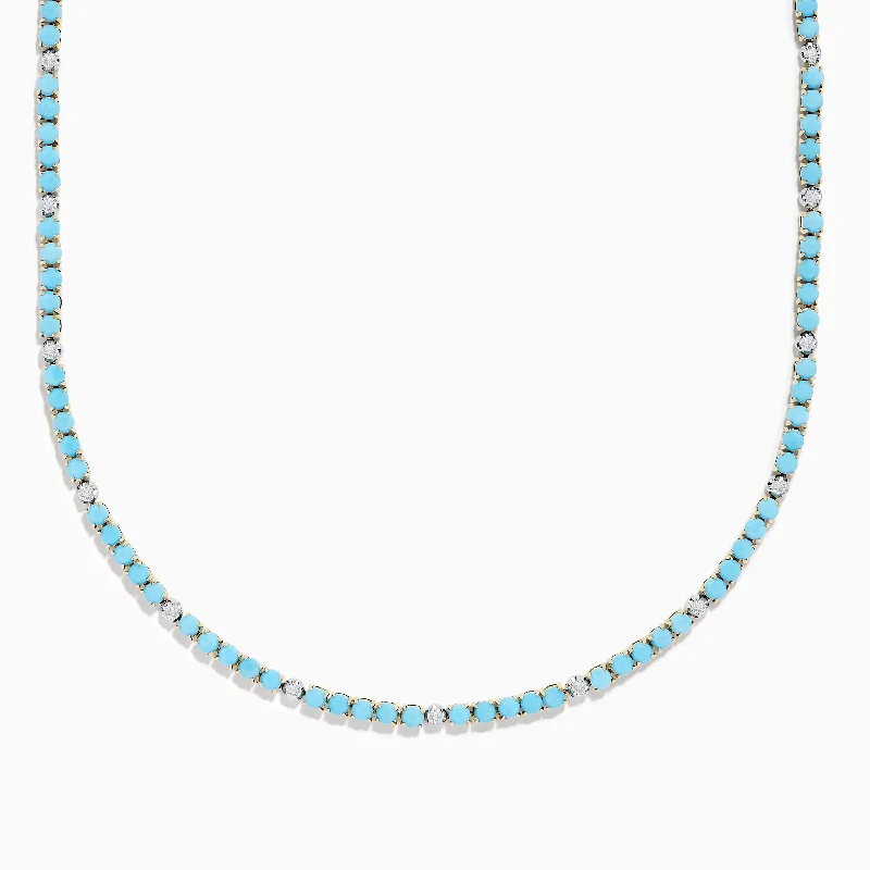 14k Yellow Gold Turquoise and Diamond Tennis Necklace