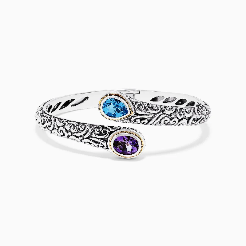 925 Sterling Silver & 18K Gold Topaz and Amethyst Bangle, 3.32 TCW