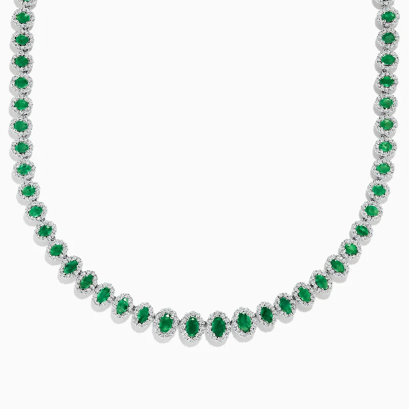 14K White Gold Emerald and Diamond Tennis Necklace