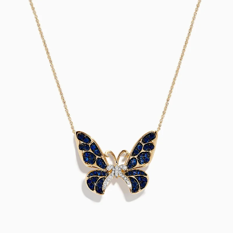 Nature 14K Gold Blue Sapphire and Diamond Butterfly Necklace