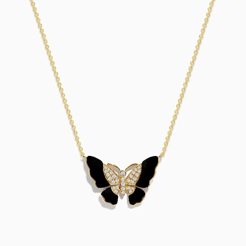 Nature 14K Yellow Gold Onyx and Diamond Butterfly Necklace