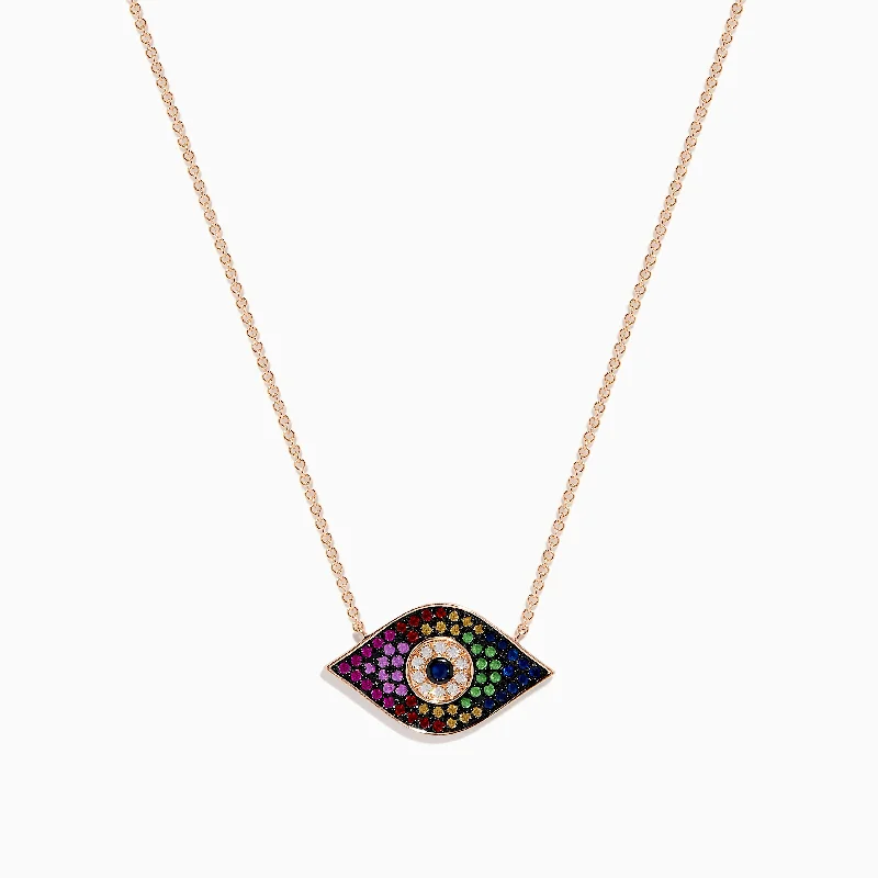 Novelty 14K Rose Gold Multi Sapphire & Diamond Evil Eye Necklace