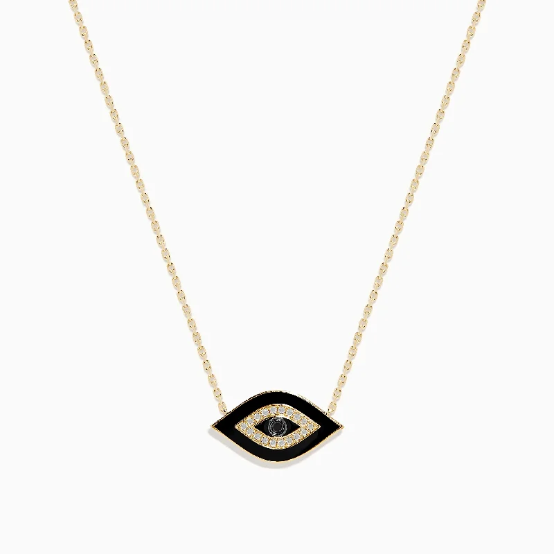 Novelty 14K Yellow Gold Black Enamel and White Diamond Evil Eye Necklace