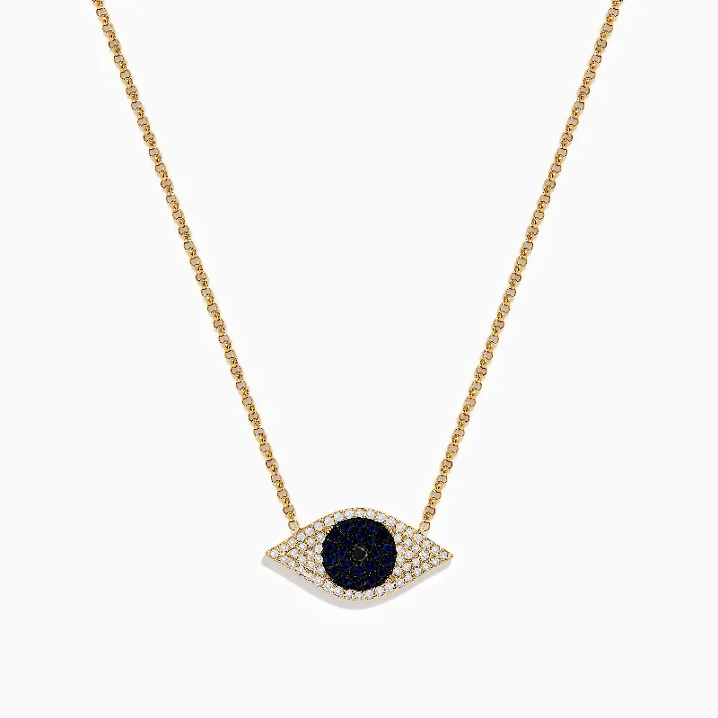 Novelty 14K Yellow Gold Blue Sapphire and Diamond Evil Eye Necklace