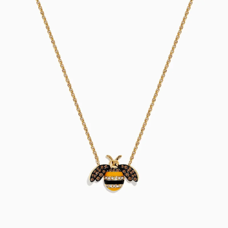 Novelty 14K Yellow Gold Espresso and White Diamond Bee Necklace