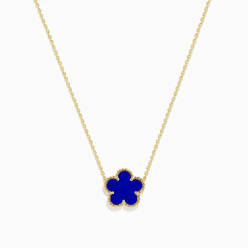 Novelty 14K Yellow Gold Lapis Flower Necklace