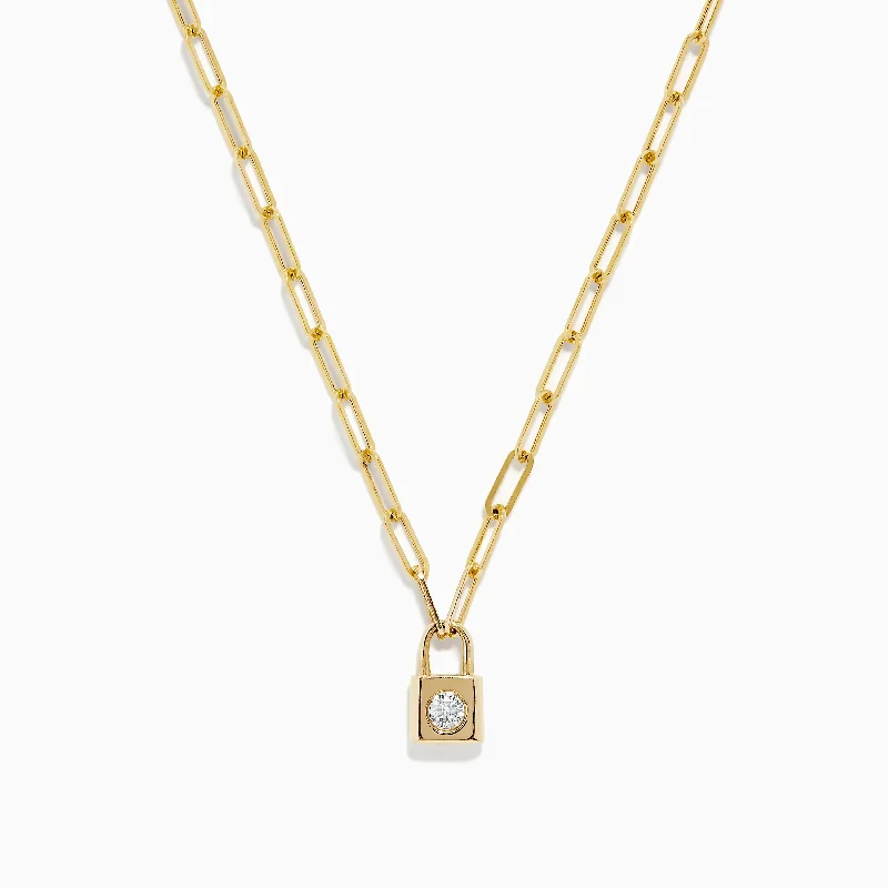 Novelty 14K Yellow Gold Diamond Mini Lock Necklace