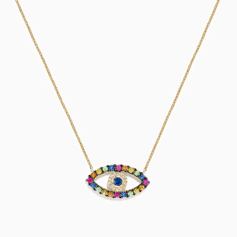 Novelty 14K Yellow Gold Multi Sapphire and Diamond Evil Eye Necklace