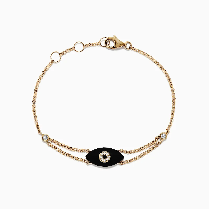 Novelty 14K Yellow Gold Onyx and Diamond Evil Eye Bracelet, 1.34 TCW