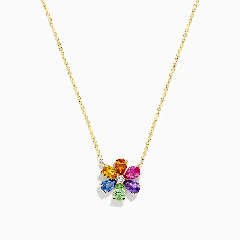 Watercolors 14K Gold Multi Sapphire and Diamond Flower Necklace