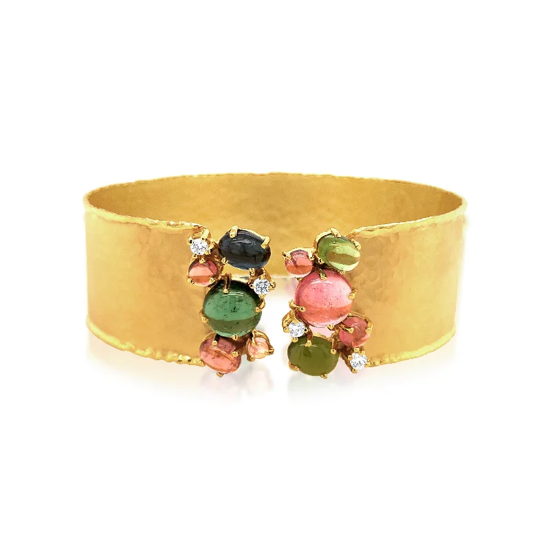 Hammered Gold Multi-Colored Tourmaline Cuff Bangle - Marika