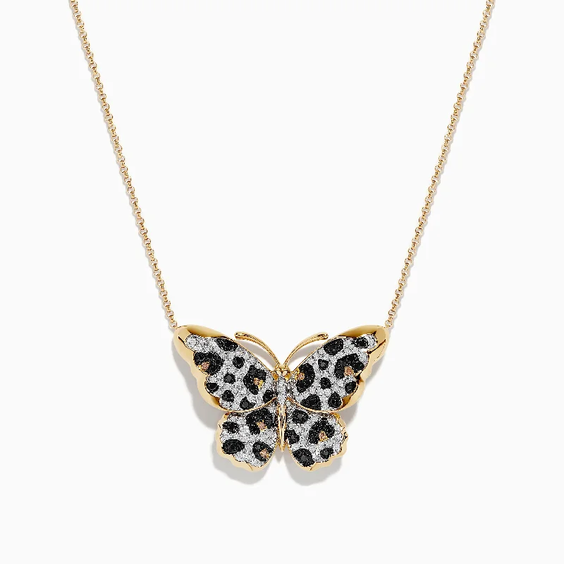 Nature 14K Yellow Gold Black White and Espresso Diamond Butterfly Necklace