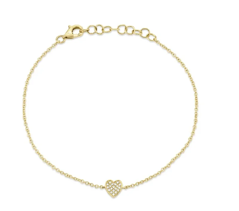 New 14K Yellow Gold .04 CT Diamond Pave Heart Bracelet