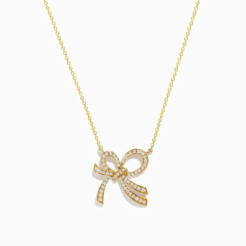 Novelty 14K Yellow Gold Diamond Bow Necklace