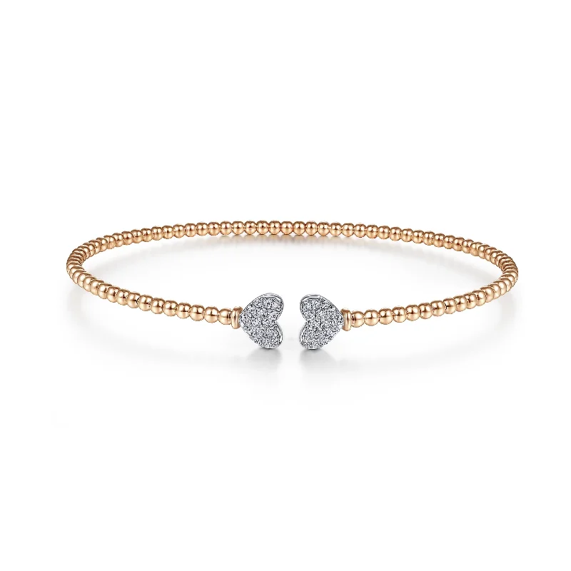 Rose Gold Beaded Double Diamond Heart Bangle - Gabriel & Co.