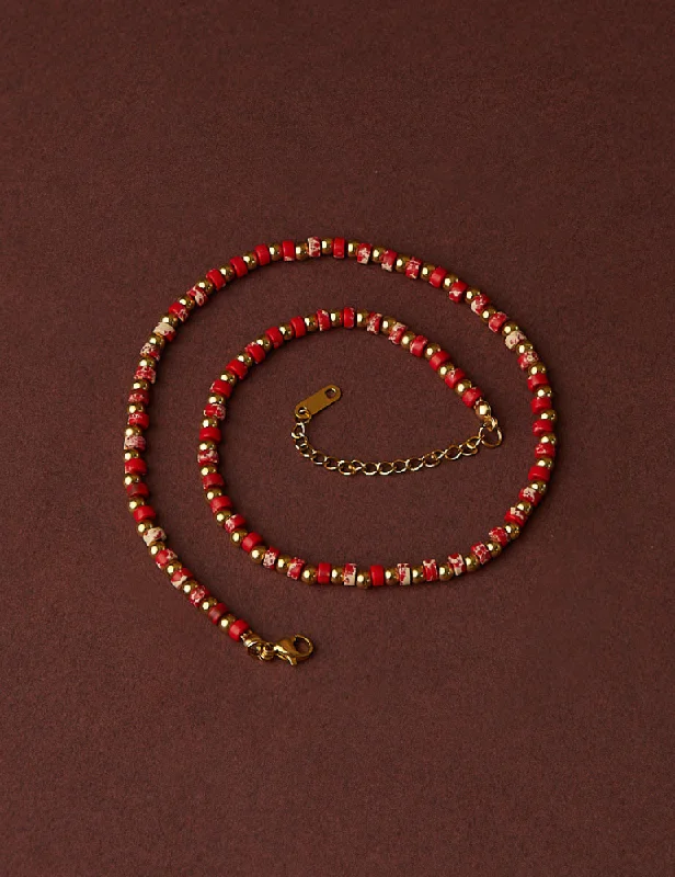 Santorini Beaded Necklace - Red Jasper and Gold