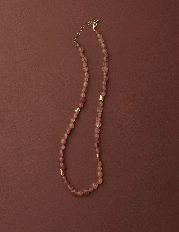 Santorini Beaded Necklace - Strawberry Quartz & Gold Beads