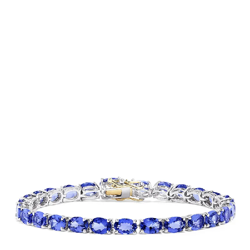 Sterling Silver with 14K Gold Lock Tanzanite Tennis Bracelet, 20.00 TCW