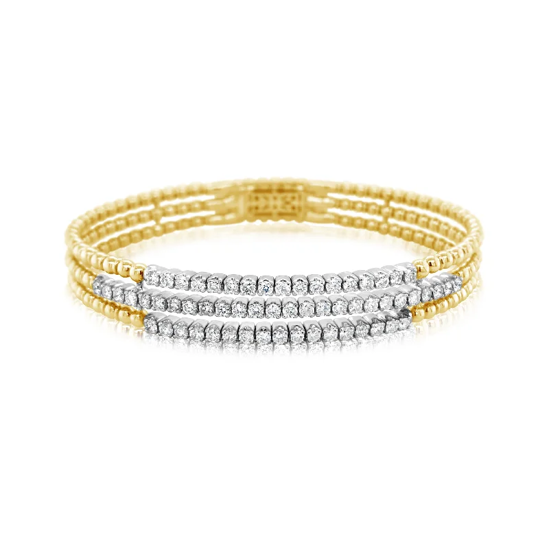 Three Row Beaded Gold Diamond Bangle