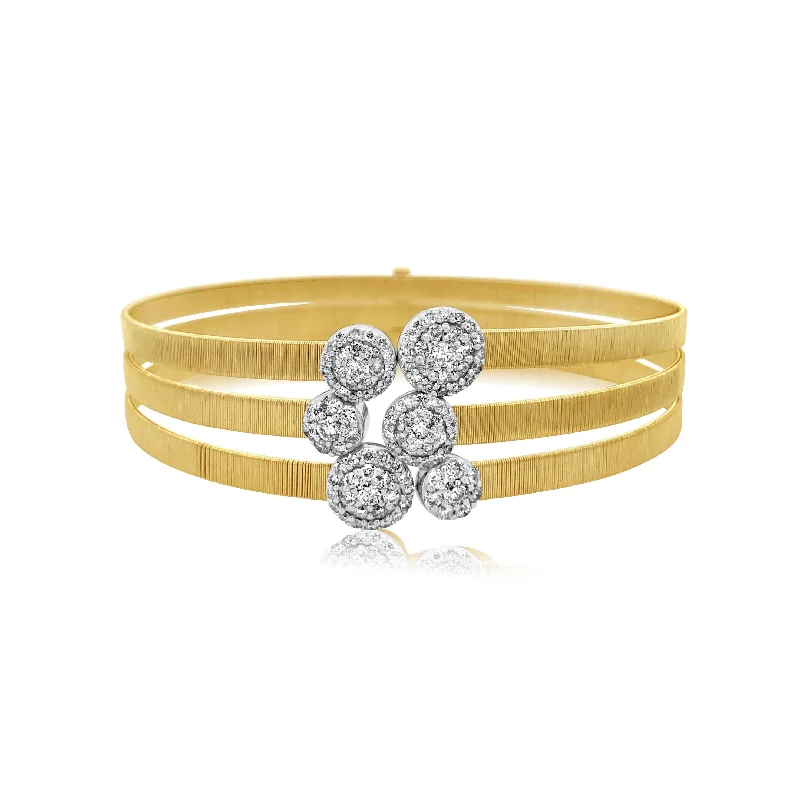 Three Row Wired Gold Diamond Cluster Bangle