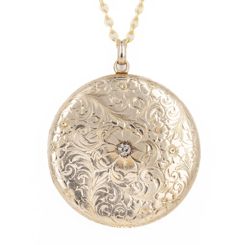 Victorian 10K Yellow Gold Acid Etched Old European Diamond Locket Necklace