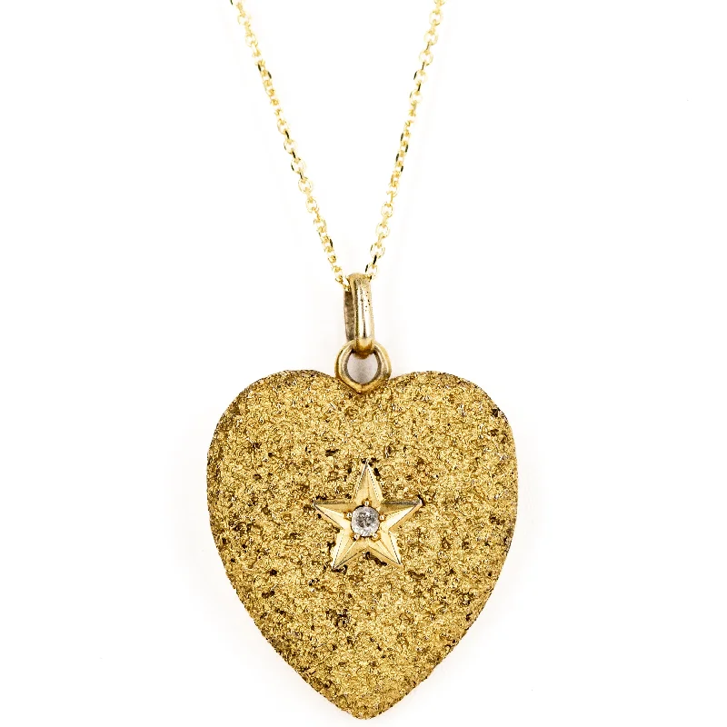 Victorian 14K Yellow Gold Old European Diamond Textured Heart Locket