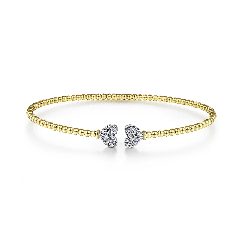 Yellow Gold Beaded Double Diamond Heart Bangle - Gabriel & Co.